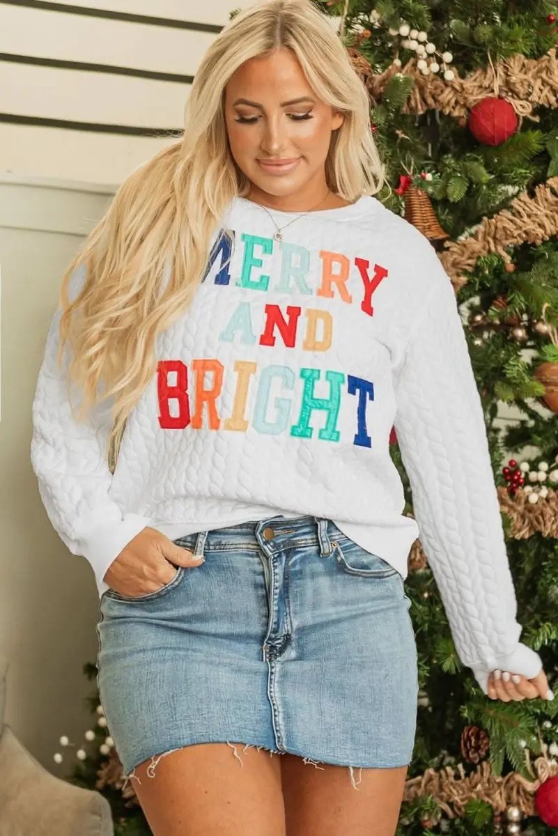 White Merry And Bright Cable Knit Pullover Sweatshirt - Love Salve